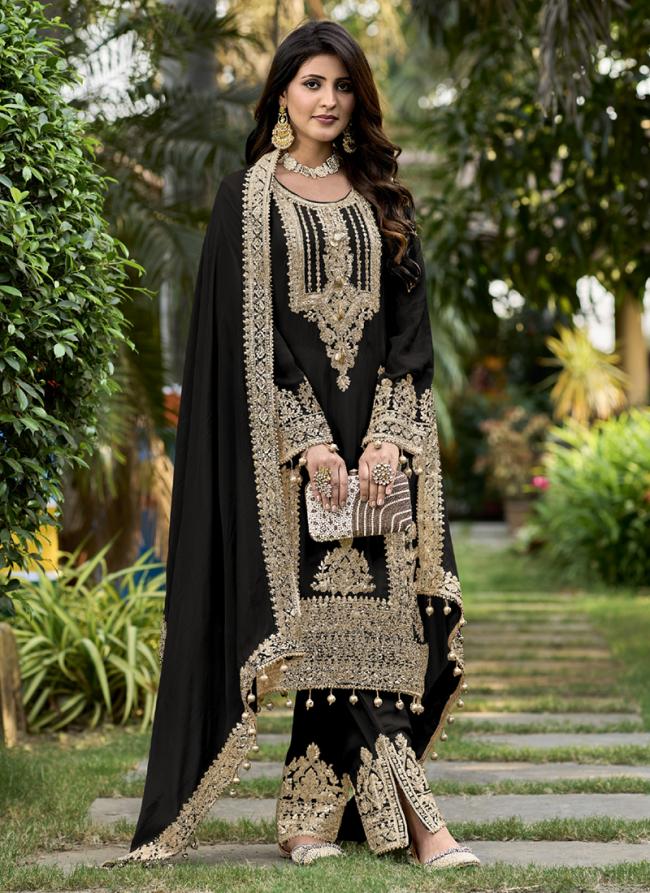 Pure Chinnon Black Eid Wear Embroidery Work Readymade Palazzo Suit